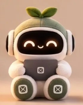 Olyvr's mascot, a plush robot with a leaf sprout on its head, sitting with a laptop