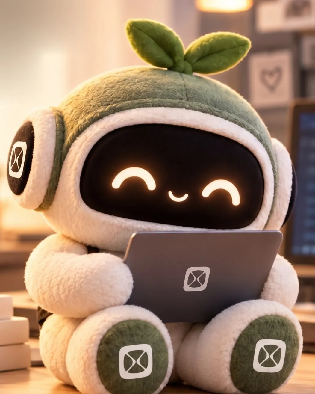 Olyvr's mascot, a plush robot with a leaf sprout on its head, typing on a laptop